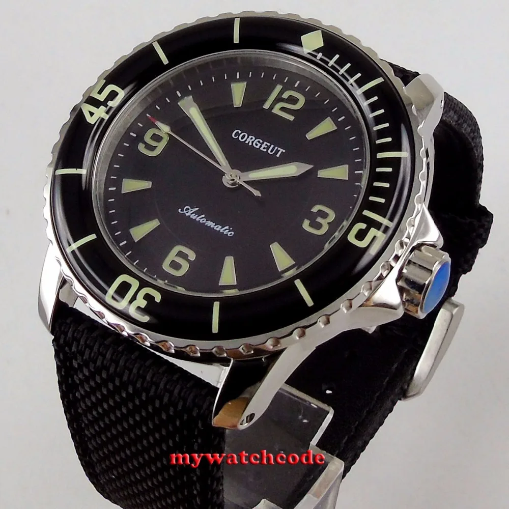 

45mm Corgeut Automatic Mens Watch MIYOTA 8215 Seagull Movement Black And Green Dial Solid Back Leather Strap