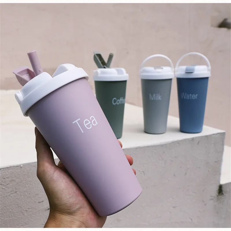 

Eco-Friendly 17oz/500ml Insulated Coffee&Tea Mug Portable Handle Lid Vacuum Cup 18/8 stainless steel Thermos Straw Water Bottle