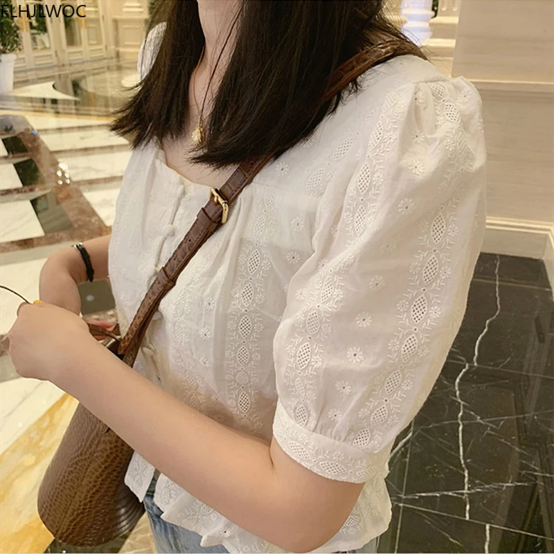 Cute Sweet Short Peplum Tops Summer Korean Preppy Style Girls White Lace Cotton Ruffled Short Sleeve Button Shirt Blouse 6