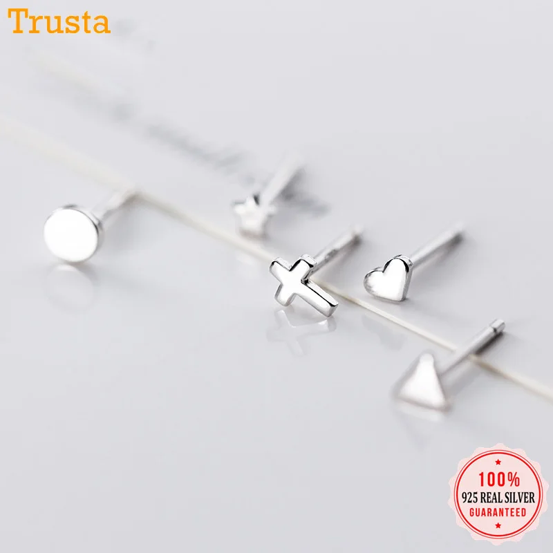 Trustdavis Genuine 925 Sterling Silver Gold Triangle Heart Star Cross Round Stud Earrings For Women Silver 925 Jewelry ED395