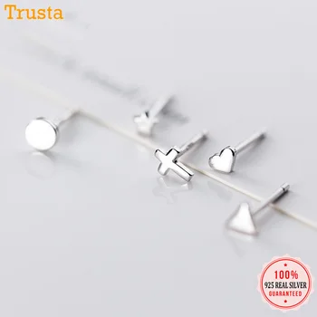 Trustdavis Genuine 925 Sterling Silver Gold Triangle Heart Star Cross Round Stud Earrings For Women Silver 925 Jewelry ED395