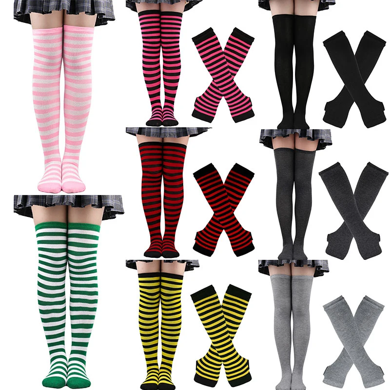 1 Set Women Girls Over Knee Long Stripe Printed Thigh High Cotton Socks Arm Sleeve Gloves Sweet Cute Plus Size Overknee Socks