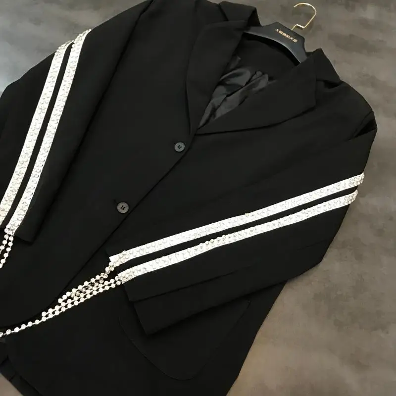 New with back double row fund of autumn shining diamond chain long sleeve small suit jackets women