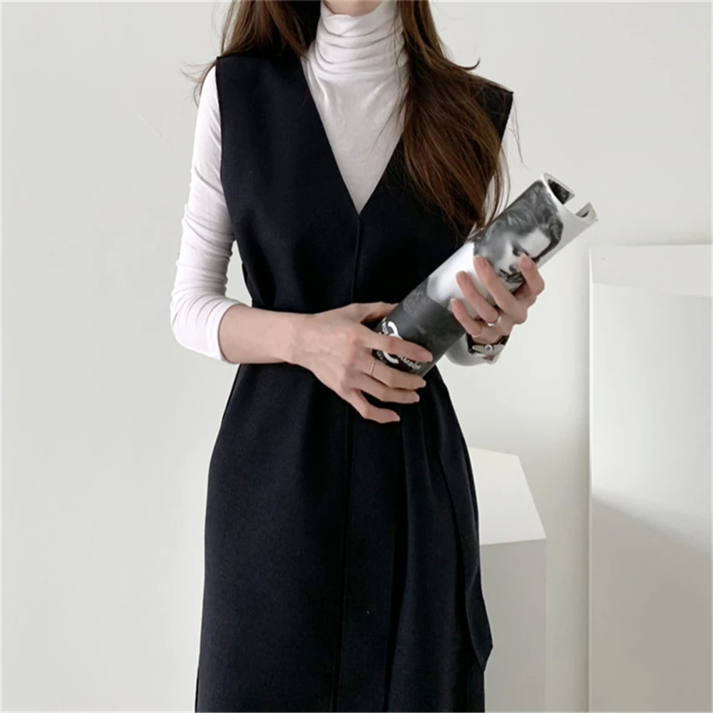 

Dresses Sashes Solid Split Straight Knitting Warm Sweater Elegant Office Ladies DR7199 New 2020 Autumn Spring Women