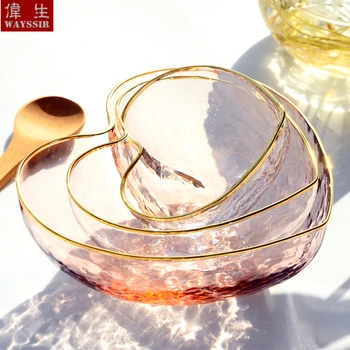 

White And Pink Color Heart Shaped Crystal Glass Gold Rim Bowl Breakfast Fruit Oatmeal Salad Rice NoddleBowl Household Dinnerware
