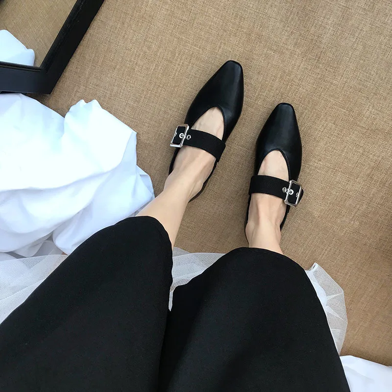 

2019 Spring New Style Versatile Elegant Shoes Small Square Head Low-Cut Solid Color WOMEN'S Shoes Belt Buckle Casual Flat Top Sh