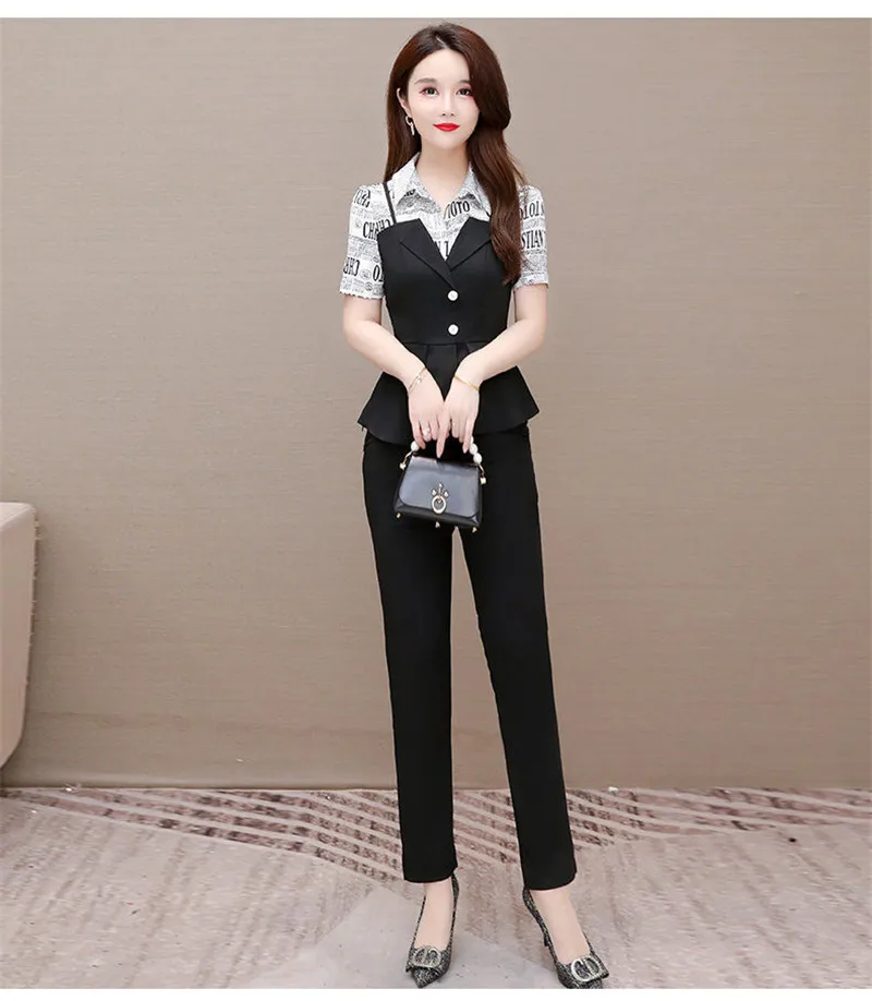 Women Pants 2-Piece Set 2021 Female Spring Summer Slim Suit Lady Blouse +Plus Size Wide Leg Pants Office Ladies Sets 3XL H242 coord sets women