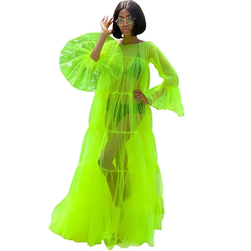 Неоновое зеленое прозрачное Сетчатое платье-туника пляжное платье с прозрачным Расклешенным рукавом Макси-платье купальник с рюшами Длинные праздничные платья