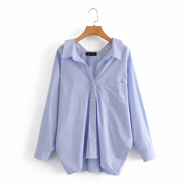 Evfer Women Casual Za Blue Loose Poplin Shirts Oversize Tops Ladies Fashion Long Sleeve Single Breasted Turn-down Collar Blouse 1
