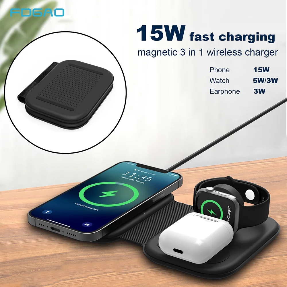 3 in 1 Magnetic Wireless Charger Foldable 15W Fast Charging Station for Magsafe iPhone 12 Pro Max iWatch 6 5 4 3 2 Airpods Pro