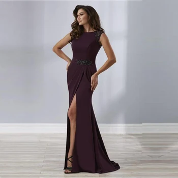

Elegant Mermaid Sexy High Side Split Boat Neck Mother of the Bride Dresses Sleeveless Mother of Groom Gowns Applique Beaded