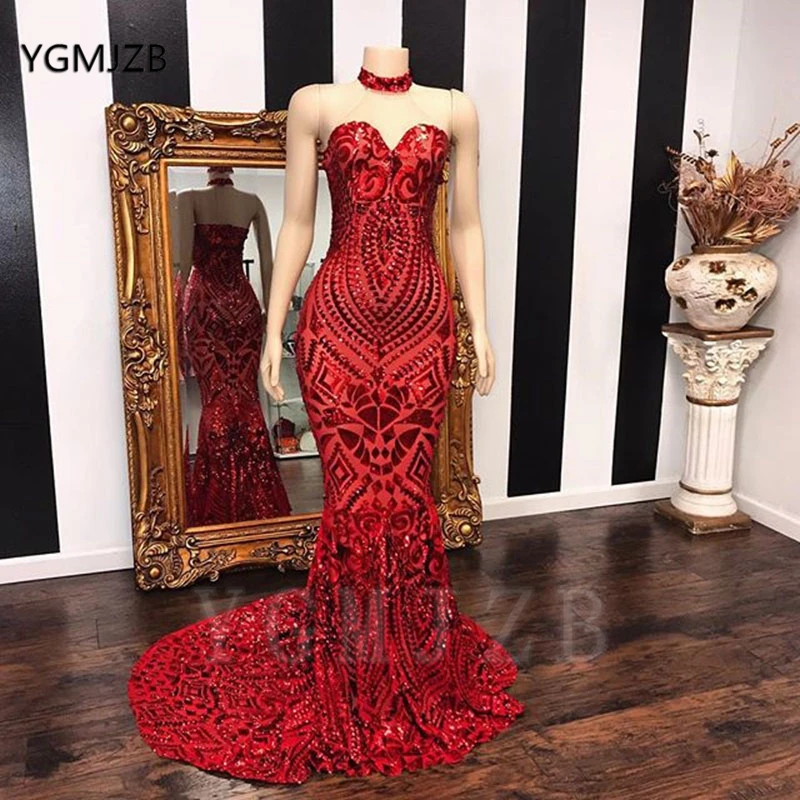 Long Red Prom Dresses 2020 Mermaid Sweetheart African Women Sparkly Sequin Formal Black Girl Party Evening Gala Gowns red prom dress