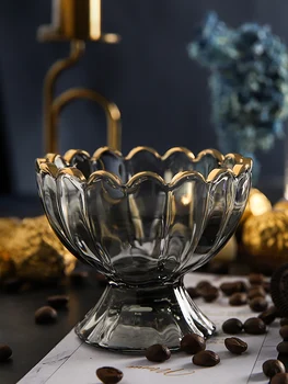 

High grade smoke grey gold border flower glass ice cream cup milk shake drink fruit salad dessert spoon tableware set