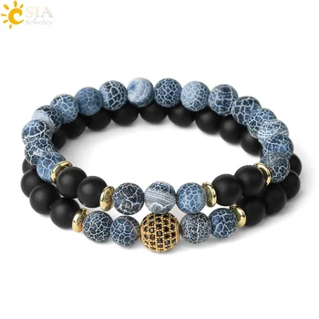 

CSJA Men Bracelets Set Natural Stone 6 8mm Weathered Agates Matte Lava Tiger Eye Amazonite Elastic Bracelet Couple Jewelry G477