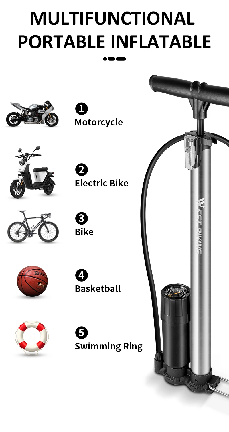 Pompe à Vélo Sur Pied WEST BIKING - Jauge Digitale 160 PSI - Flexible - 3 Adaptateurs - Orange