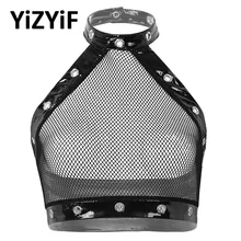 Женские бикини топы сексуальная прозрачная в крупную сетку белье Холтер шеи без рукавов мокрого вида лакированная кожа Обрезанные Топы