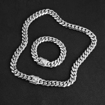 

15MM Men Hip Hop Jewelry Sets Stainless Steel Cuban Link Chains Double Safety Clasps Chokers Necklaces Curb Bracelets18"-30"