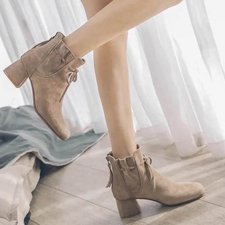 

Retro Flock Chelsea Boots Women Med Square Heel Ankle Square Toe Boots Butterfly-knot Winter Ladies Shoes