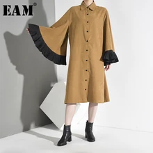[EAM] vestido de camisa común plisado caqui para mujer nueva solapa manga larga suelta moda marea primavera otoño 2020 A152-04(China)