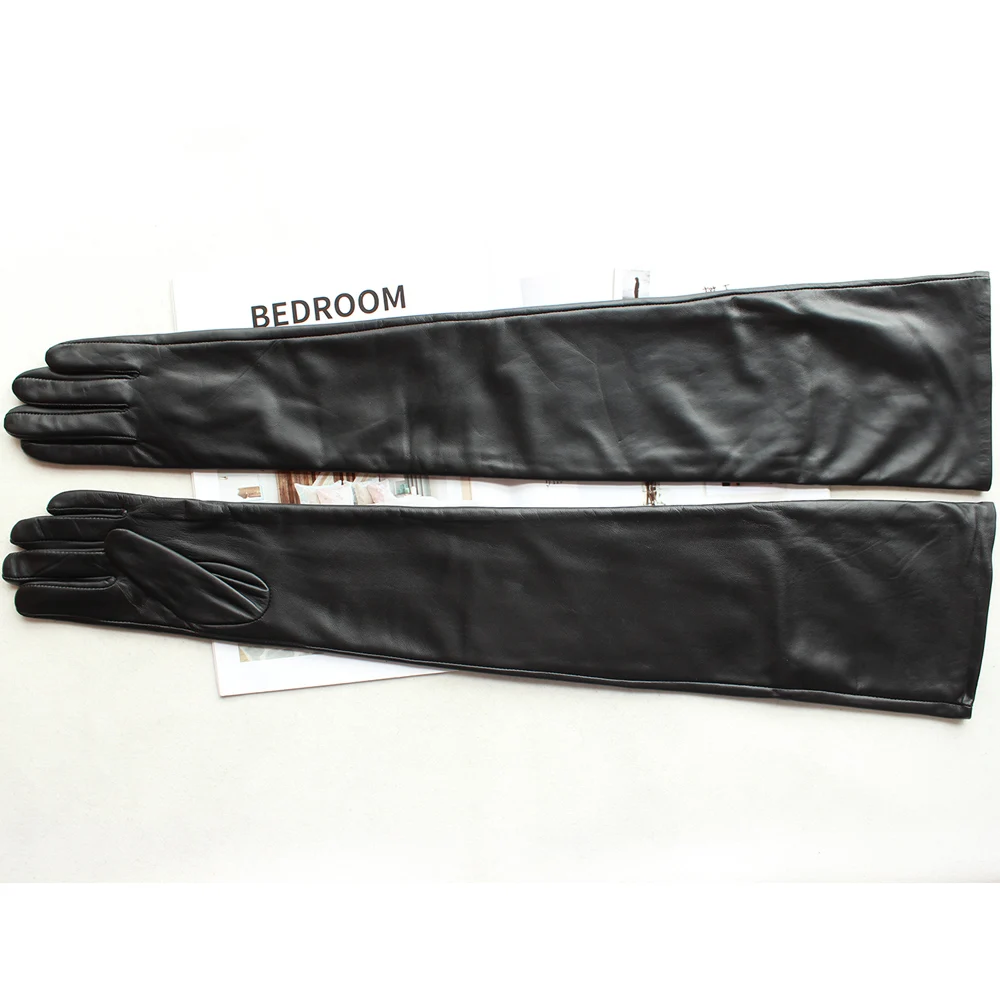 New Women's Super Long Leather Gloves Over Elbow Fashion Black Imported Sheepskin High Quality Mink Leather Touch Screen Gloves