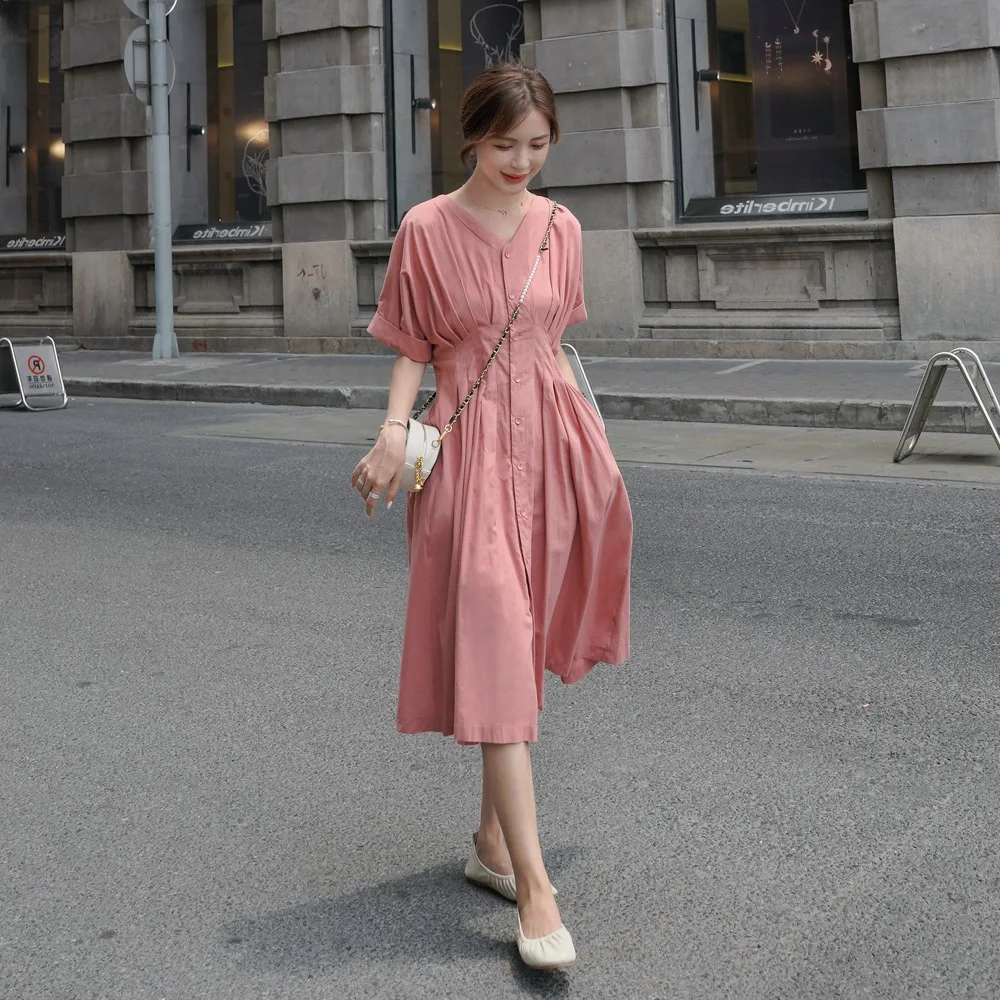 

France Non-mainstream INS WOMEN'S Dress 2019 Summer New Style Retro CHIC-Style Single Breasted V-neck Waist Hugging Dress