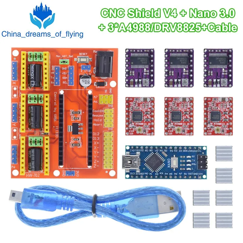TZT 1 комплект 3DV4 CNC Shield V4 + Nano 3 0 шт. DRV8825 или A4988 Reprap Stepper для Arduino | Электронные