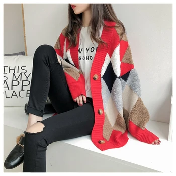 

Fannic Women's Sweaters Autumn Winter 2019 fashionable Casual Plaid V-Neck Cardigans Single Breasted Puff Sleeve Loose