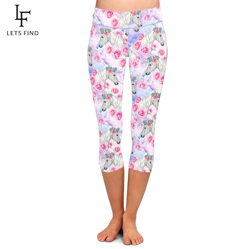 LETSFIND New Beautiful Unicorns and Flowers Print Capri Legging High Waist Plus Size Mid-Calf 3/4 Stretch Soft Women Leggings LETSFIND New Beautiful Unicorns and Flowers Print Capri Legging High Waist Plus Size Mid-Calf 3/4 Stretch Soft Women Leggings