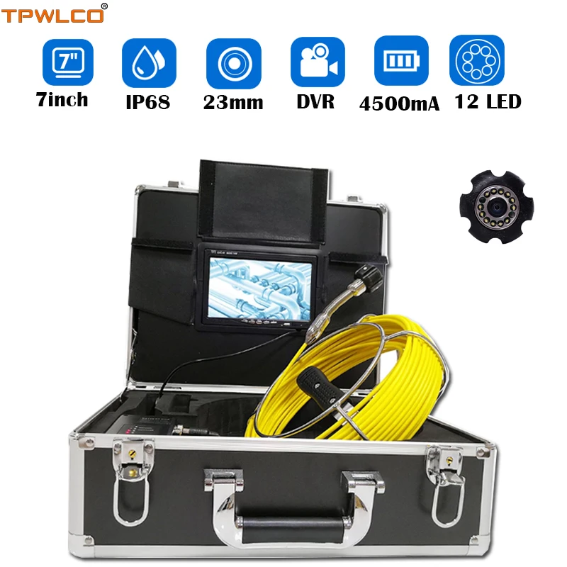 

7"1000TVL Pipeline Drain Sewer Endoscope Industrial Inspection Camera System With DVR Recorder 8GB SD Card 23mm 20-50m Cable
