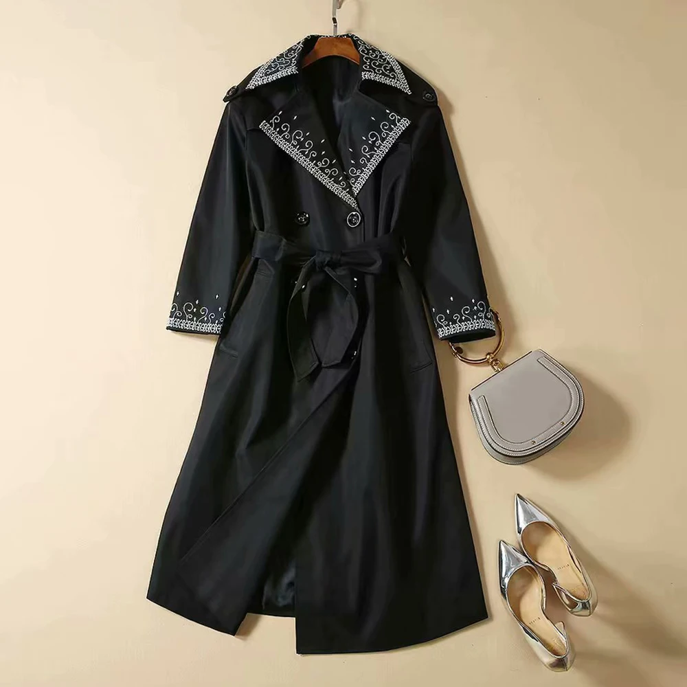 

Red RoosaRosee Designer Autumn Winter Trench Coat Women High End Long Sleeve Flower Embroidery Noble Black Long Overcoat Outwear