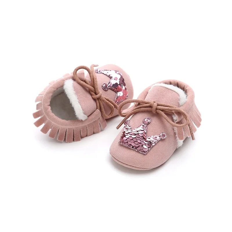 Обувь из искусственной кожи для маленьких девочек; детские мокасины; первые шаги; обувь на мягкой нескользящей подошве с бантом в виде короны; обувь для малышей
