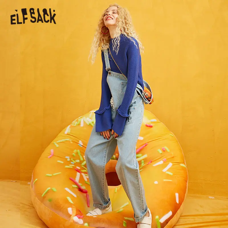 ELFSACK, с принтом Бетти, прямые брюки, комбинезоны для женщин, джинсы, осень, модные, длинные, вареные, повседневные, офисные, для девушек