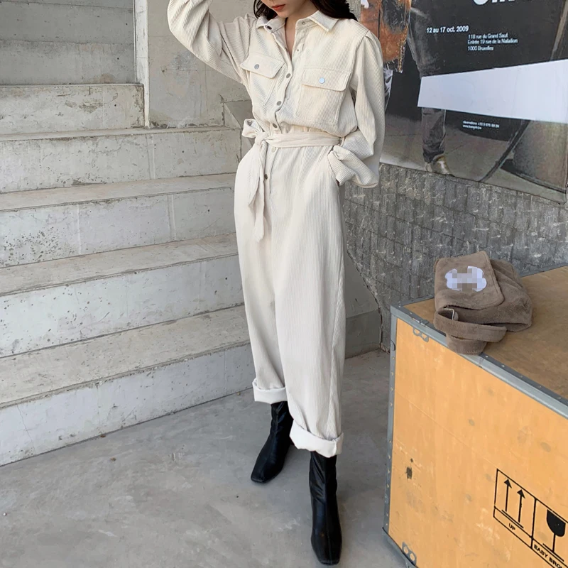Spring 2020 Corduroy Jumpsuits Romper Women High Fashion Button Jumpsuit Female Casual Overalls