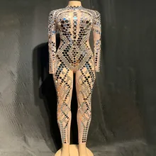 Блестящий серебряный комбинезон с зеркалами, сетчатый танцевальный костюм для женщин, сценический танцевальный костюм, сексуальная одежда для ночного клуба, праздничный наряд