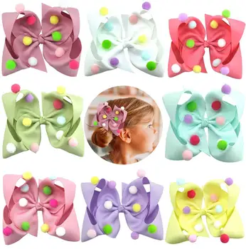 

free shipping 8pcs 6‘’ pom pom hair bows ribbon girl hair bows spring color Rainbow PomPom Hair clip for girl hair accessories