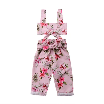 

2pcs Summer Kids Baby Girl Pink Bowknot Strap Floral Crop Top Vest+Pants Outfits Sweet Fashion Summer Set