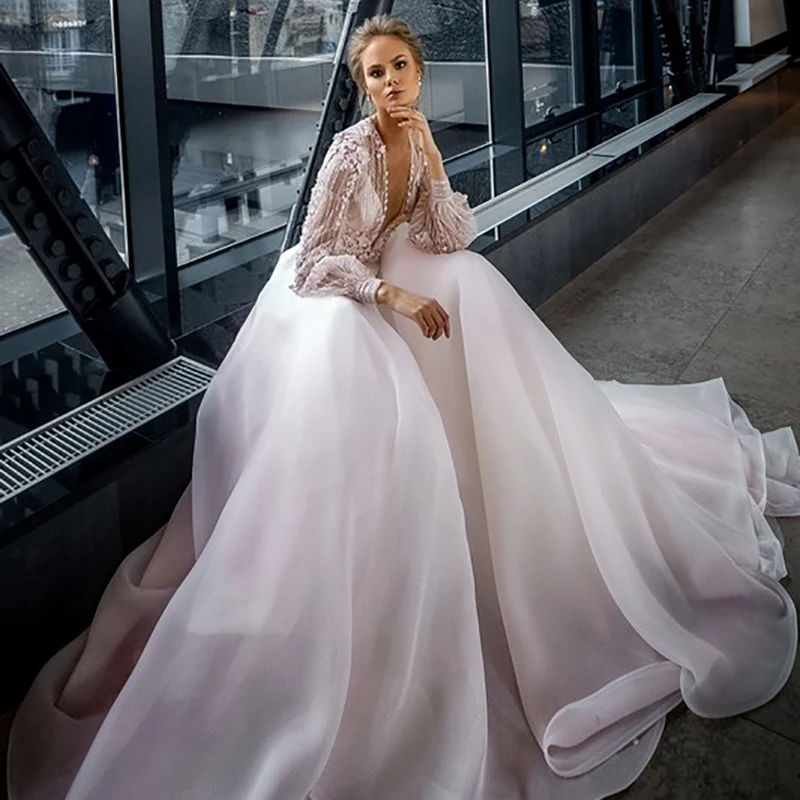 

Verngo A Line Wedding Dresses V-neck Appliques Lace Bride Dress Elegant Flowers Wedding Gowns Long Sleeves Robe De Mariee