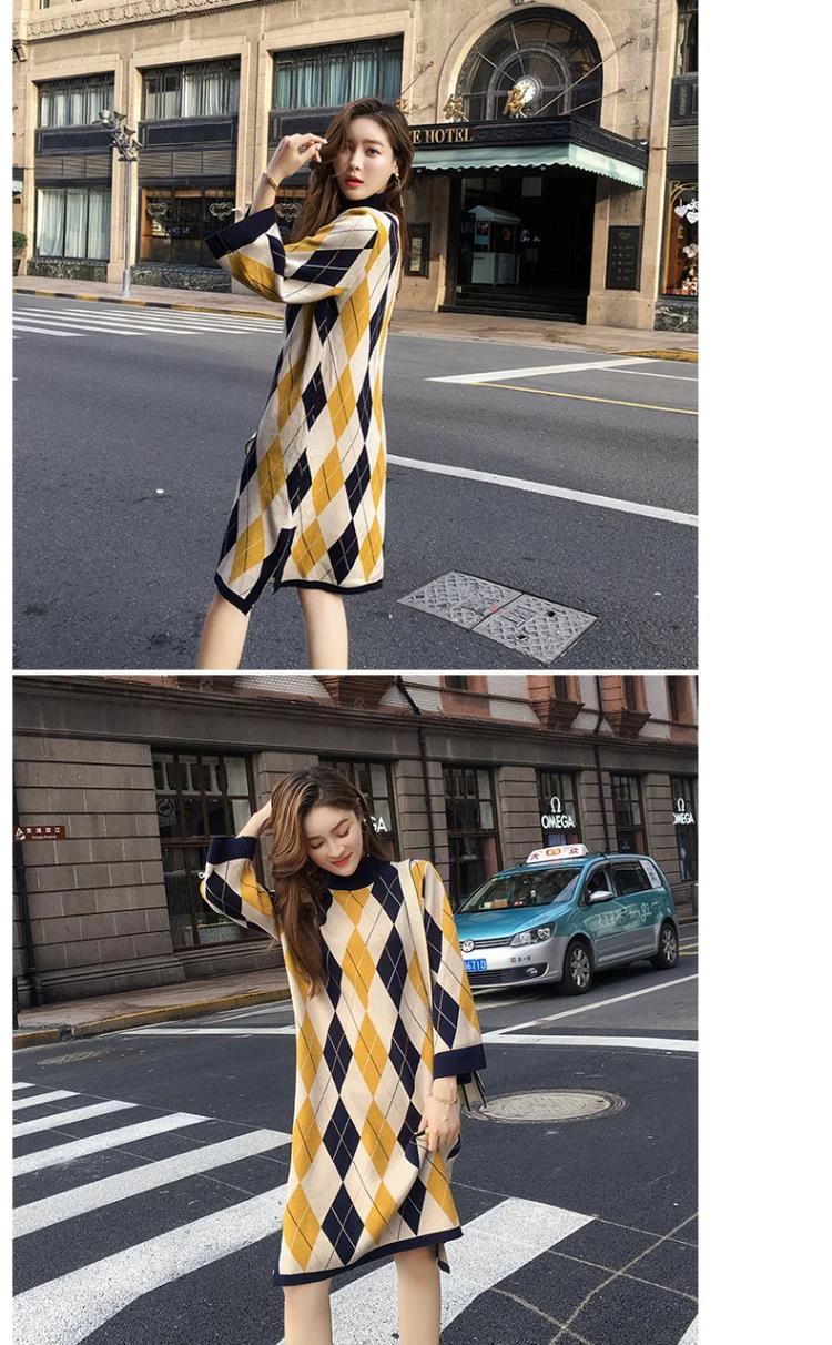 Autumn Winter Women Knitted Split Sweater Dress Hit Color Plaid Thick Long Sleeve Loose Casual Christmas Dress Vestido With Belt