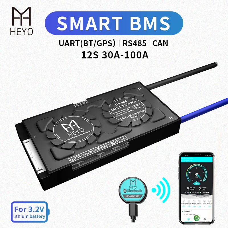 HEYO Smart BMS LiFePO4 LFP 12S 36V 30A 40A 60A 80A 100A программное обеспечение Bluetooth BT приложение GPS UART