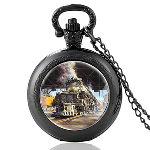 Vintage Steampunk Locomotive Design Black Quartz Pocket Watch Pendant Clock Watch Men Women Glass Dome Necklace Best Gifts