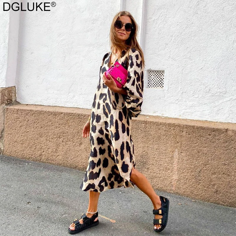 

DGLUKE V-Neck Lantern Sleeve Long Leopard Dress Women Spring Summer Loose Casual Slit Mid-Calf Boho Beach Tunic Dress Khkai
