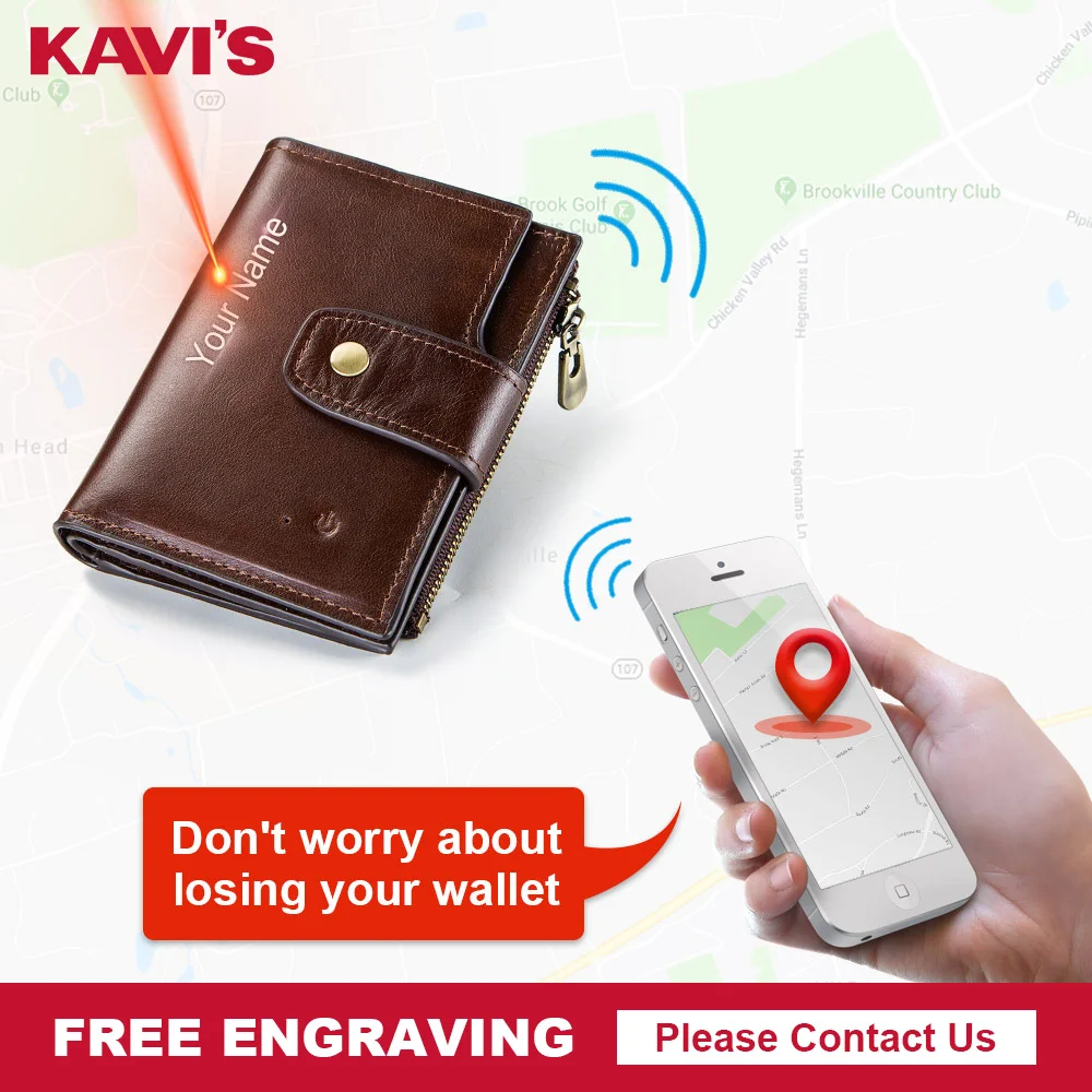Мужской смарт кошелек KAVIS из натуральной кожи с сигнализацией GPS картой Bluetooth