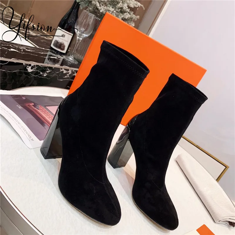 

OLOME New Autumn Winter Black Kid Suede Women Boots High Quality Slip On European Ladies Shoes Fashion High Heels Boots