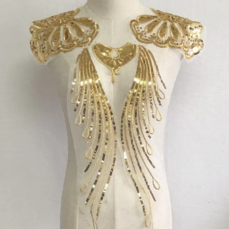 

SASKIA 1Set 5Pcs Gold Sequin Embroidery Fabric Patches Applique African Lace Sew On Wedding Dress Cloth Accessory Diy Mesh Patch