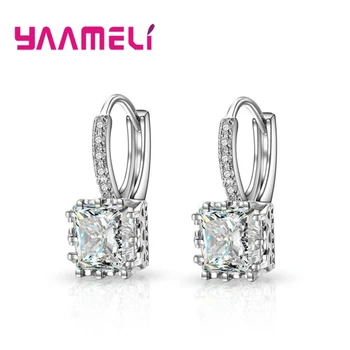 

925 Sterling Silver Classic Earrings For Women/Girls Full Shiny Cubic Zircon CZ Crystal Big Square Cut Hoop Earrings
