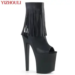 8-inch, open-toed boot, matte black tasselled upper models use 20cm stiletto heels for parties, pole dancing shoes