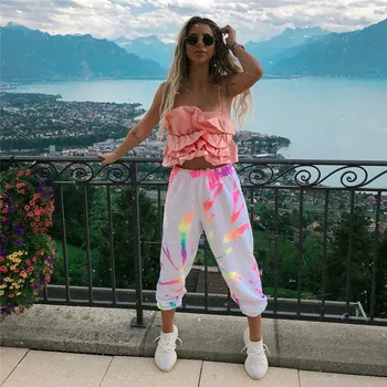 

Fashion Women Reflective Pants Elegant High Waist Loose Fitness Workout Joggers Trousers Baggy Harem Pants Streetwear