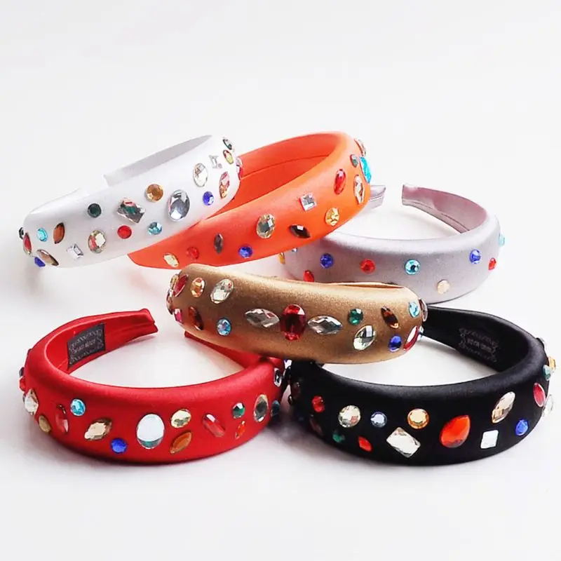 

1PC Vintage Women Colored Imitation Crystal Rhinestone Headband Bright Satin Wide Hair Hoop Jewelry Thick Sponge Pad Headwear