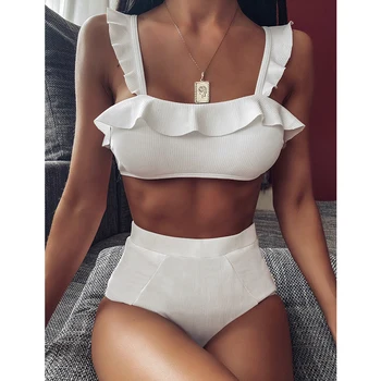 

2020 Sexy Ruffle High Waist Bikini Swimwear Women Swimsuit Push Up Bikini Set Solid Bathing Suit Summer Beach Wear Swimming Suit