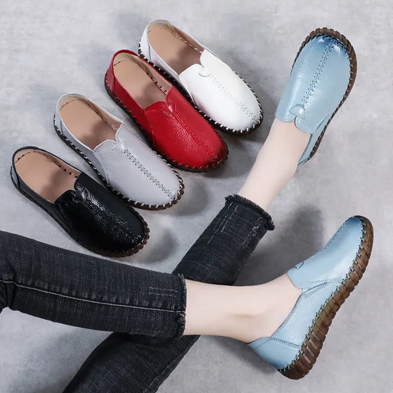 Spring Luxury Women Flat Elderly Shoes Retro Vintage Genuine Leather Loafers Black Women's Shoes Moccasins With Fur Loafers - Image 6